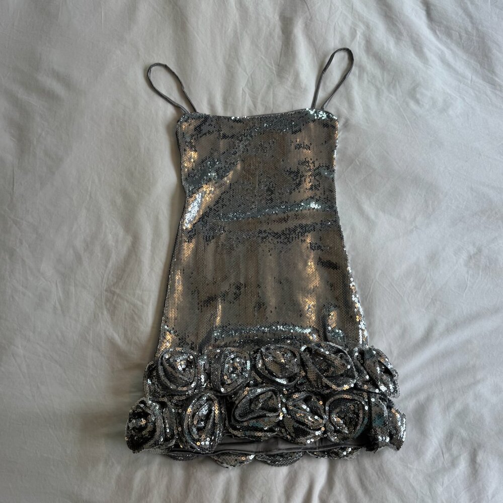 Gorgoues meshki silver sequin bodycon dress with embroidered rose details - Picture 1 of 4
